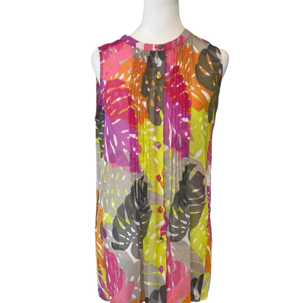 Liz Claiborne SZ M Tunic Top Semi Sheer Tropical Sleeveless Blouse Button Front